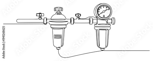 Continuous line drawing of an industrial pressure gauge and pipe valve system