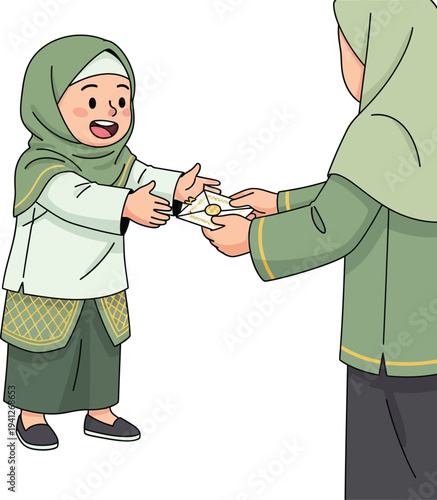 A young girl in traditional clothing receiving a gift from a woman, capturing a moment of cultural exchange and affection in a simple illustration