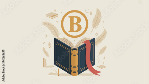 Open book with gold letter and bookmark emerging from pages on beige background with educational symbol