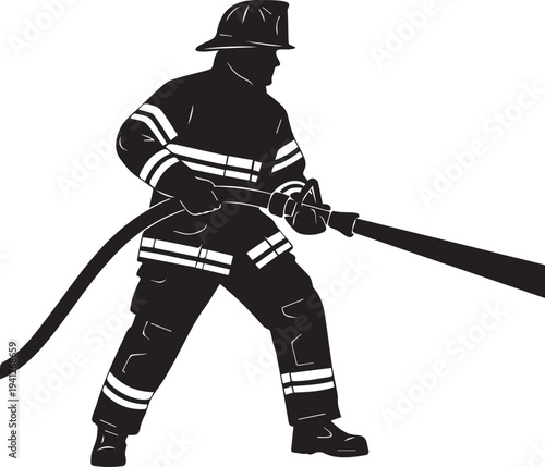 Silhouette of a firefighter holding hose with water spray, ready to extinguish fire, symbolizing bravery and emergency response