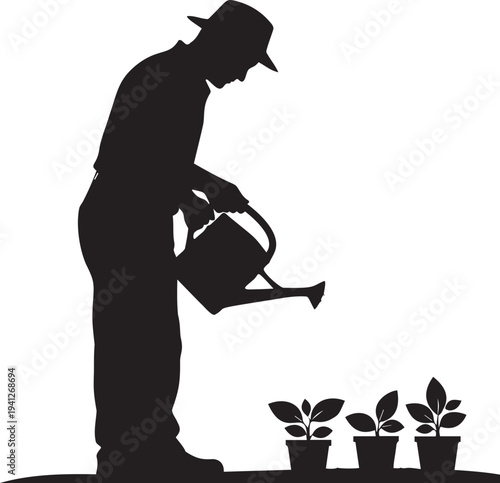 Gardener watering plants in pots with watering can, wearing hat, hobby, nature, outdoor activity, growth, cultivation