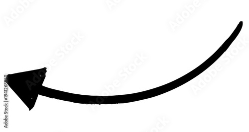 Thin black hand-drawn arrow curving downwards and pointing to the left on a white background. Vector illustration.