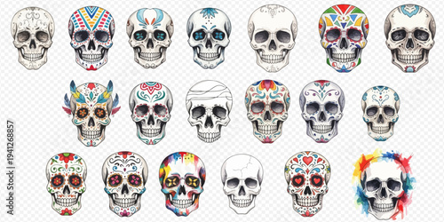 Collection of various sugar skulls and decorated human skulls, representing Day of the Dead traditions and artistic expressions.