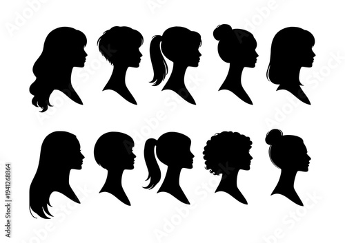 Minimal Female Profile Silhouette Vector, Women Side View Figures with Different Hairstyles, Modern Black Silhouette Collection