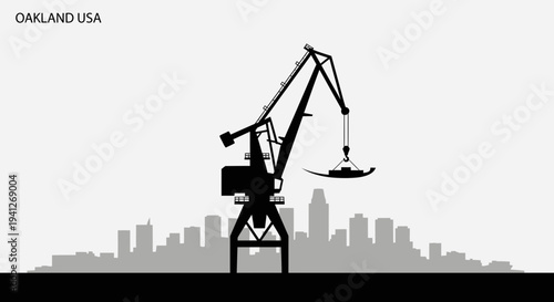 Oakland USA Silhouette Crane Lifting Container Over City Skyline Industrial Harbor