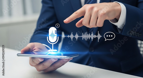 A businessman in a suit interacts with a smartphone displaying a microphone and sound wave icons for voice recognition technology