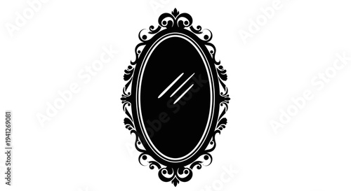 Ornate Black Oval Mirror Silhouette with Decorative Flourishes
