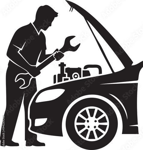 Car mechanic fixing automobile vector illustration auto repair shop service and maintenance concept