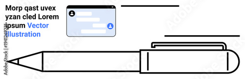 Communication tools, digital messaging, professional correspondence, remote work, design, writing. Black outlined pen next to chat interface. Communication tools and digital messaging concept
