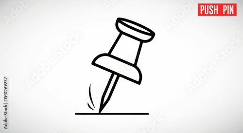 Push Pin Icon Illustration - Simple Line Art of a Thumbtack Piercing a Surface