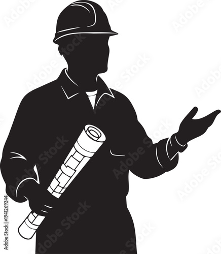Construction engineer silhouette wearing hard hat and holding blueprint roll for industrial building project planning and site