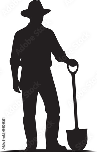 Farmer silhouette holding shovel standing outdoors on farm field representing agriculture and manual labor for garden projects