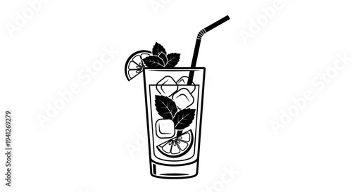Refreshing Mojito Cocktail with Mint, Lime, and Ice in a Tall Glass, Black and White Icon