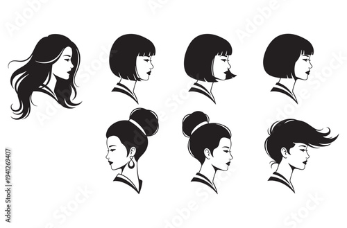 Compilation of diverse female hairstyles in profile view showcasing long wavy bobs and elegant updos for beauty and fashion graphics