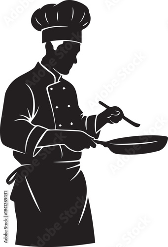 Chef cooking food in pan, silhouette, kitchen setting, culinary professional