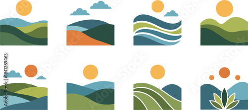 Set of 10 landscape icons vector, nature scenery illustrations