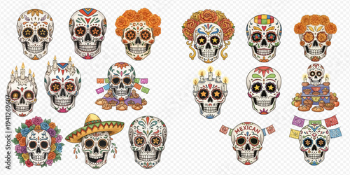 Collection of traditional Mexican sugar skulls for Day of the Dead celebration, featuring vibrant colors and intricate designs.