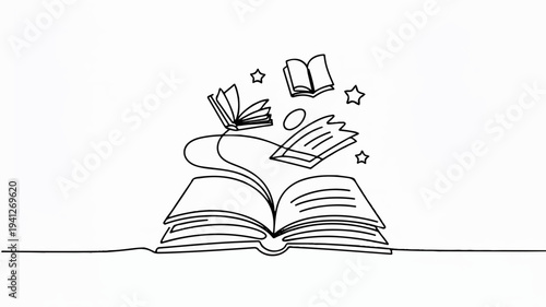 Open book with flying books stars and learning symbols education concept simple line drawing