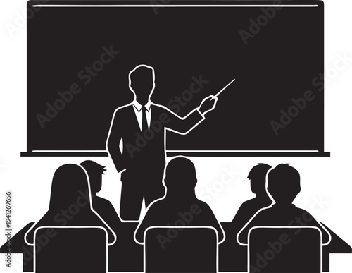Teacher giving presentation to students in classroom pointing at blackboard educator explaining lesson audience listening attentively education setting