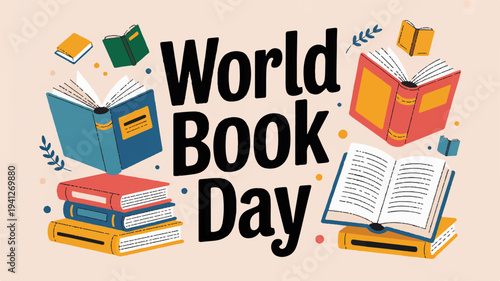 World book day celebration with colorful stacked books and reading materials on beige background