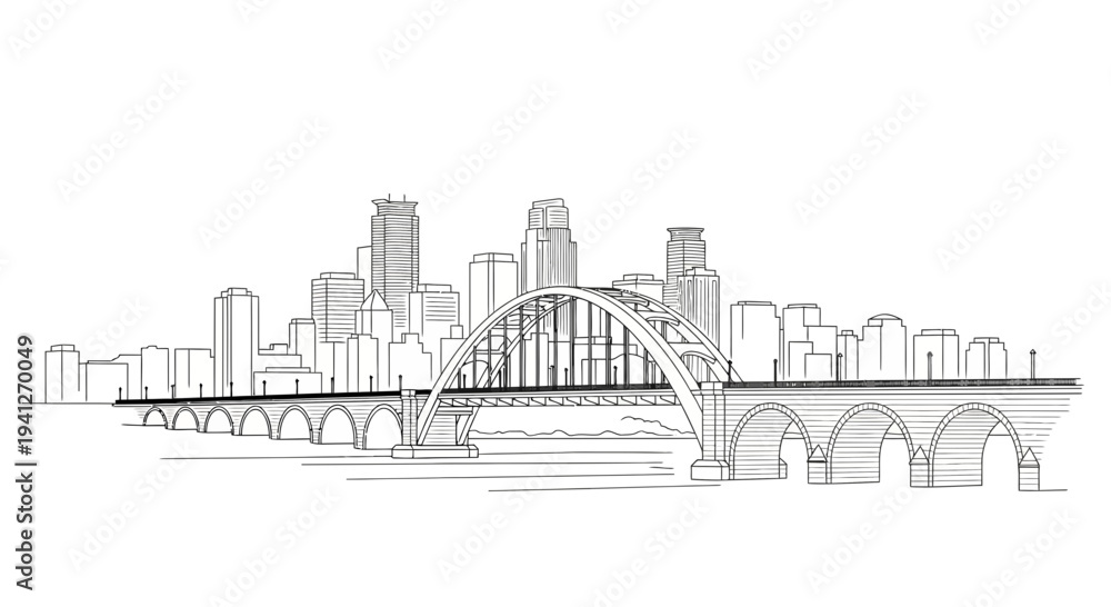 Fototapeta premium Minneapolis Skyline with Stone Arch Bridge and Mississippi River - Black and White Sketch