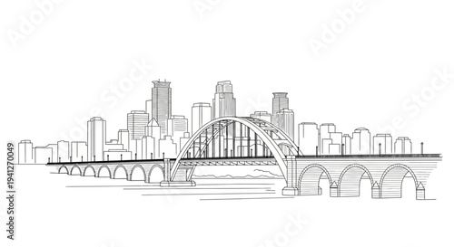 Minneapolis Skyline with Stone Arch Bridge and Mississippi River - Black and White Sketch