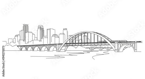 Minneapolis Skyline with Hennepin Avenue Bridge over Mississippi River, Black and White Line Art