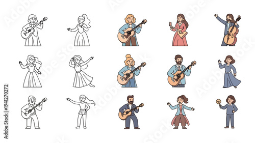 Musician Character Illustration Set with Guitar Violin and Performance Activities