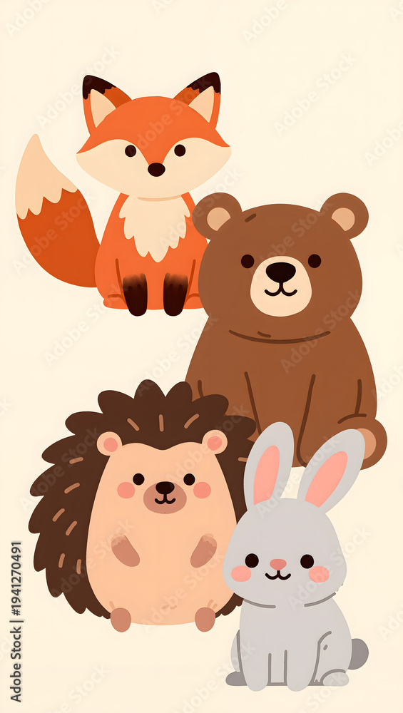 Fototapeta premium Cute woodland animals cartoon set with fox bear hedgehog and bunny
