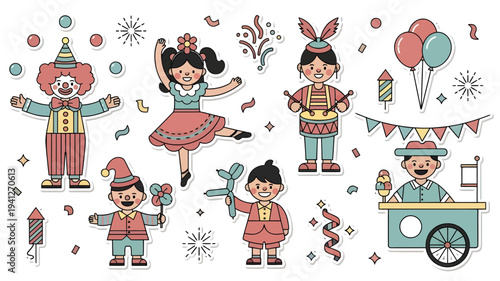 Circus carnival performer character illustration set