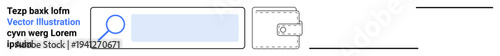 E-commerce, online transactions, digital wallets, search functionality, payment platforms, UI design. A search bar with a magnifying glass and a wallet symbol. E-commerce and online transactions in
