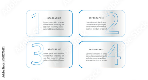 4 steps business infographic template, modern grid layout with large outline numbers and text placeholders for data visualization