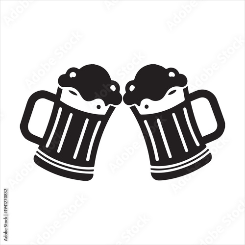 Beer mug silhouette vector, Two clinking beer mugs icon vector