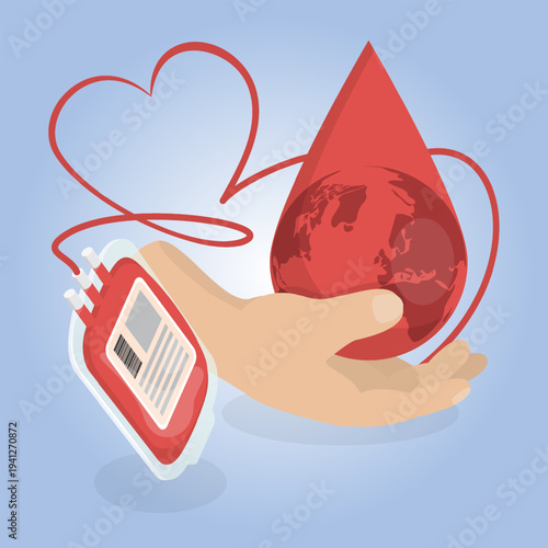 Hand holding drop of red blood with planet earth. Blood donation concept with blood bag. World blood donor day. 3d isometric flat vector illustration.
