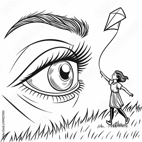 Giant Eye Watching Child Flying Kite Vector — Surreal, Dreamy & Symbolic Illustration
