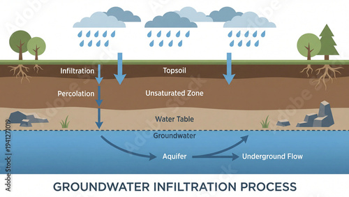Groundwater infiltration process diagram showing rainfall percolation through topsoil unsaturated zone water table into aquifer and underground flow for hydrology education