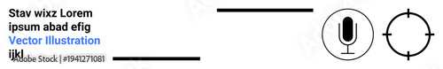 Audio technology, sound recording, broadcasting, audio design, sound accuracy, targeting content. Microphone and target icon arranged with stylized text elements. Audio technology and sound recording