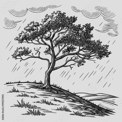 Rainy Landscape with Lone Tree Vector — Engraved Sketch, Nature & Melancholy Emblem
