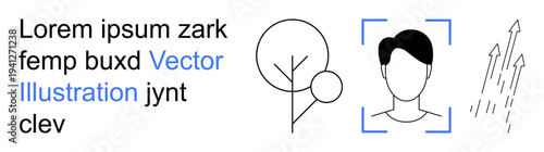 Digital security, identity authentication, nature, technology, innovation, face scan. Minimalistic face recognition outline, a stylized tree and uplift arrows. Emphasizing digital security