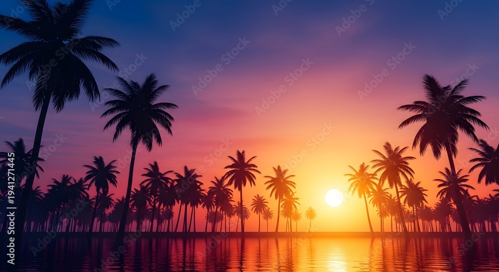 Obraz premium Serene tropical sunset by the ocean with palm trees silhouetted
