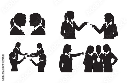 Diverse group of business women in silhouettes, interacting and communicating in various poses on a transparent checkered background, representing teamwork and professional relationships