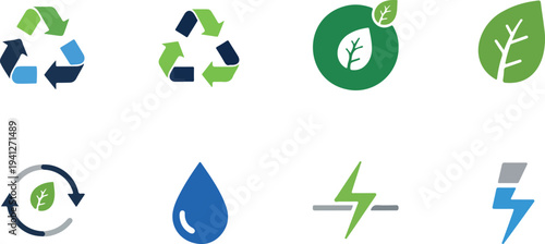 Set of 8 eco friendly icons vector, green and blue sustainable symbols