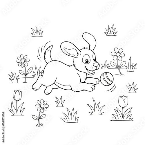 A cartoon bunny playing with a ball in a garden