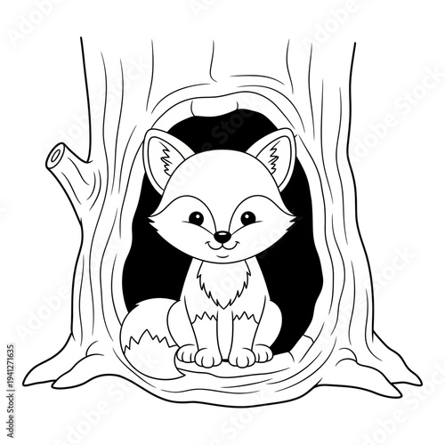 Cute fox sitting in a tree hollow