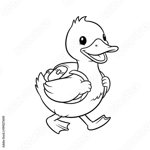 A cartoon duckling running with a backpack