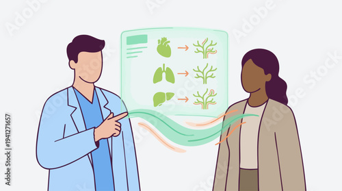 Medical professional explaining human anatomy and plant life to a person through an illustrated diagram