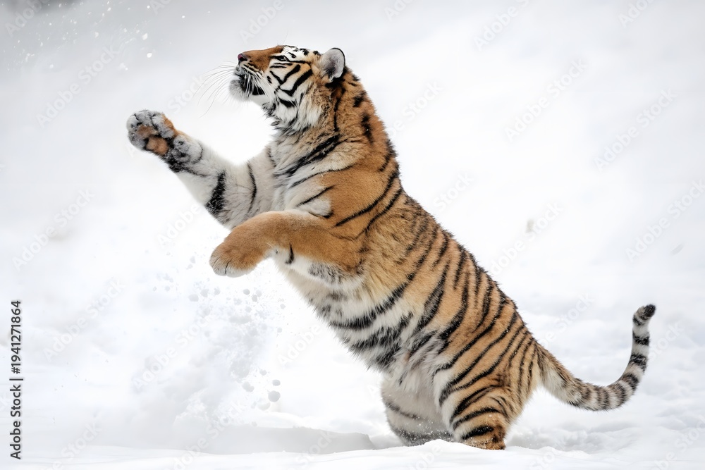 Fototapeta premium Tiger stands on hind legs in snow