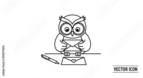 Cute Owl Holding Envelope, Love Letter, Pen and Heart Envelope Icon