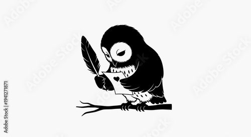 Cute Owl Writing Letter with Feather Pen, Heart Symbol, Sitting on Branch