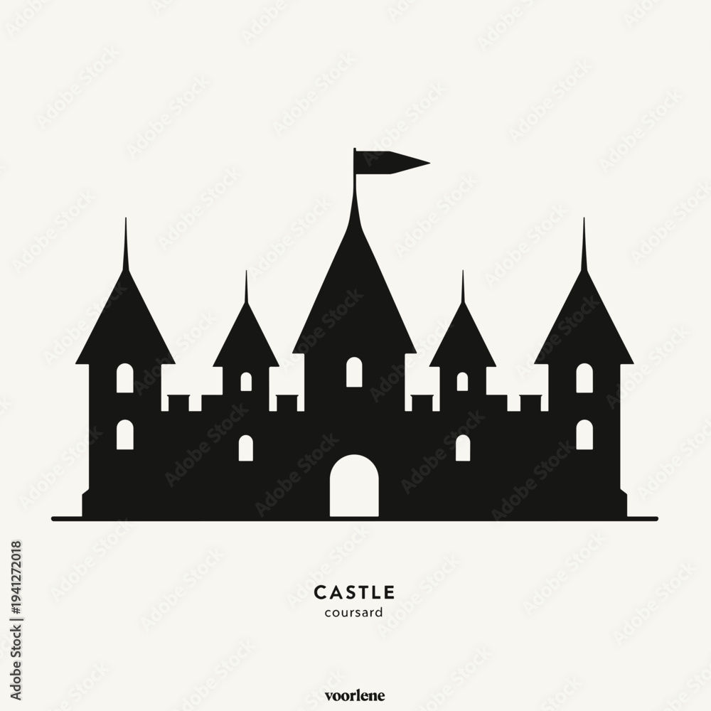 Obraz premium Silhouette of a castle with towers and flag. Represents themes of medieval architecture, storytelling, or fairy tales, useful for designs or illustrations related to fantasy settings.